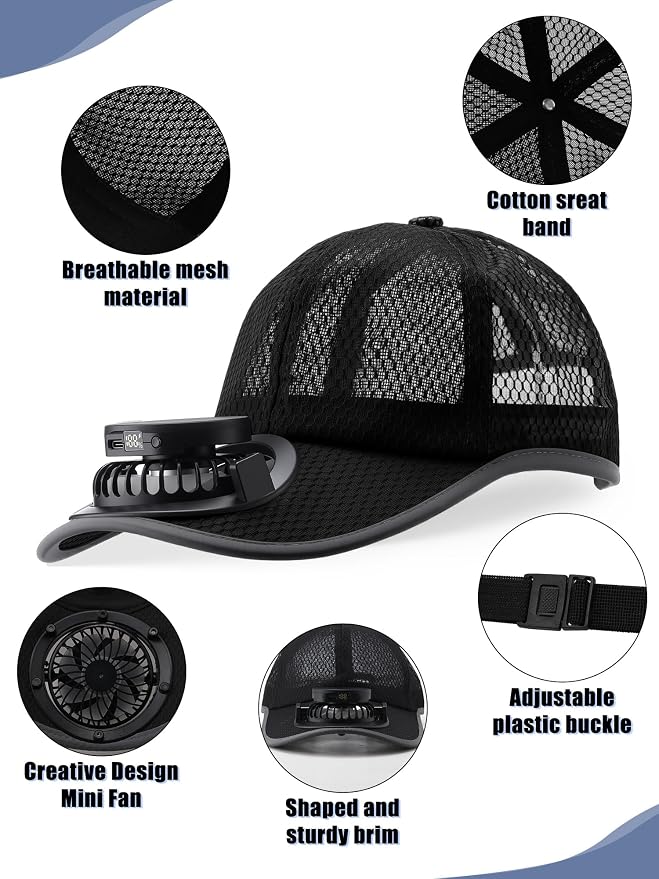 Yaomiao 2 Pcs Solar Baseball Cap with Fan Unisex Sun Protection USB Charging Fan Mesh Hat for Summer Outdoor