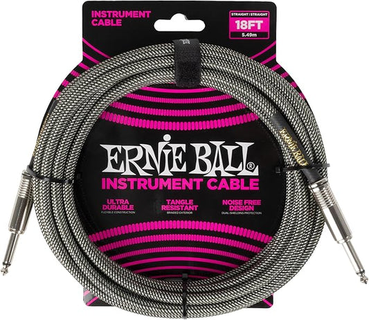 Ernie Ball Braided Instrument Cable Straight/Straight 18ft - Silver Fox (P06433)