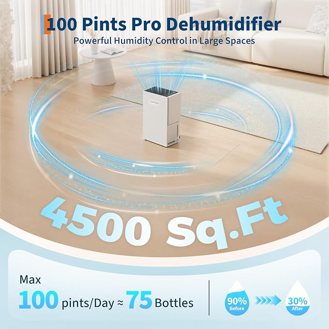 4500 Sq.ft Whole House Dehumidifier, 100 Pints Large Dehumidifier for Basement, Ultra Quiet, Continuous Drain Hose & 5.5L Water Tank, Auto Defrost, Smart Mode, 24H Timer for Bedroom,Office