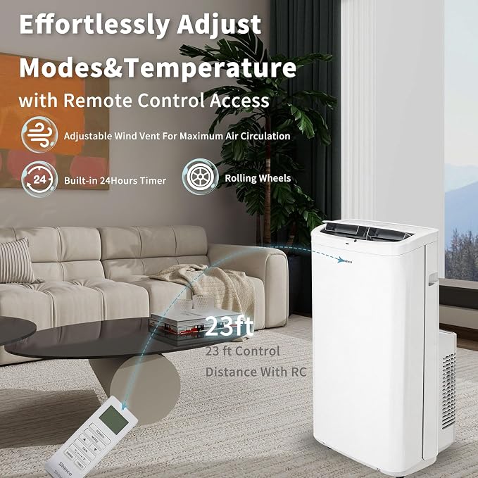 Shinco 14,000 BTU White Portable Air Conditioner with Heater up to 700 Sq. Ft, Ac Heater Combo Window Unit, Portable AC Unit with Dehumidifier & Fan, Cools & Heats,Remote Control and Window Kit