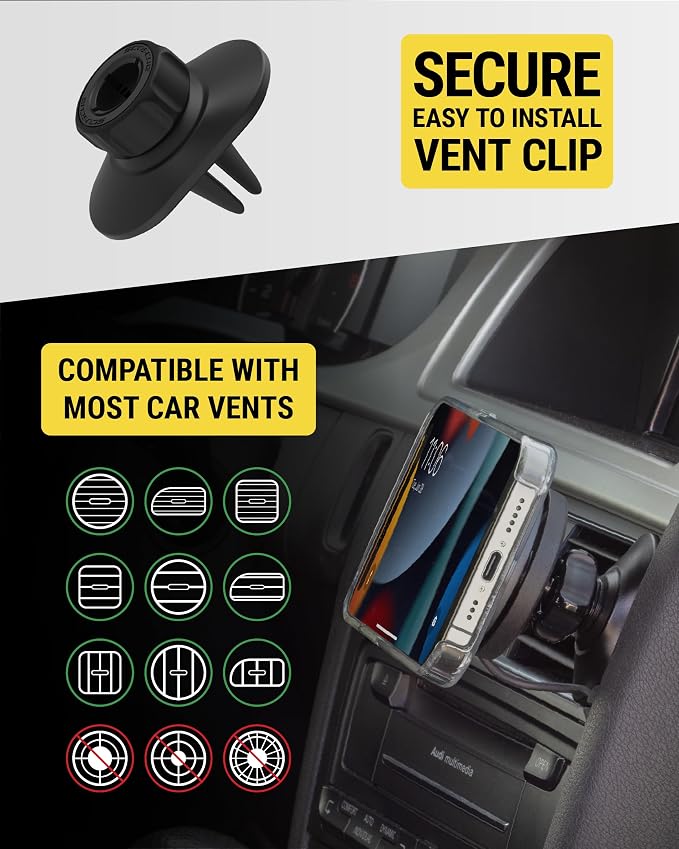 Scosche Qi2 Wireless MagSafe Car Mount Charger, 15W Magnetic Suction Cup Windshield/Dashboard Cell Phone Holder with Vent Clip & Fast USB-C Car Charger Compatible with Apple iPhone 16/15/14/13/12, S25