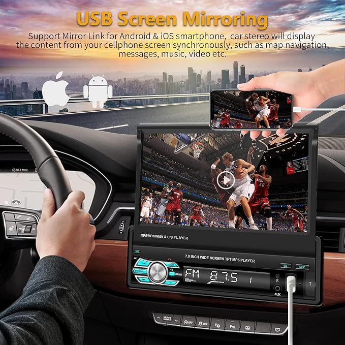 Podofo Single Din Carplay Car Stereo with Bluetooth AHD Backup Camera, 7 Inch flip Out Touch Screen Car Radio MP5 Player Support Android Auto, Mirror Link, USB, TF, FM Radio, Aux-in, SWC