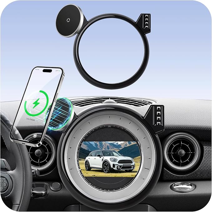 Phone Mount for BMW Mini Cooper (2007-2013 R56, 08-14 R55, 09-15 R57, 12-15 R58/R59), Magnetic iPhone Holder, Magsafe Car Mount Charger, 15W Wireless Car Charger, Hands Free & 360°, Car Accessories