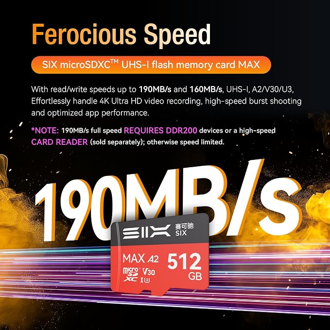 SIX M200 128GB Micro SD Card Read Up to 190MB/s for 4K UHD Continuous Recording - A2, U3, V30 microSDXC Memory Card 128GB with Adapter for Action Cameras, Drones, Gaming Consoles, Dash Cams, Phones