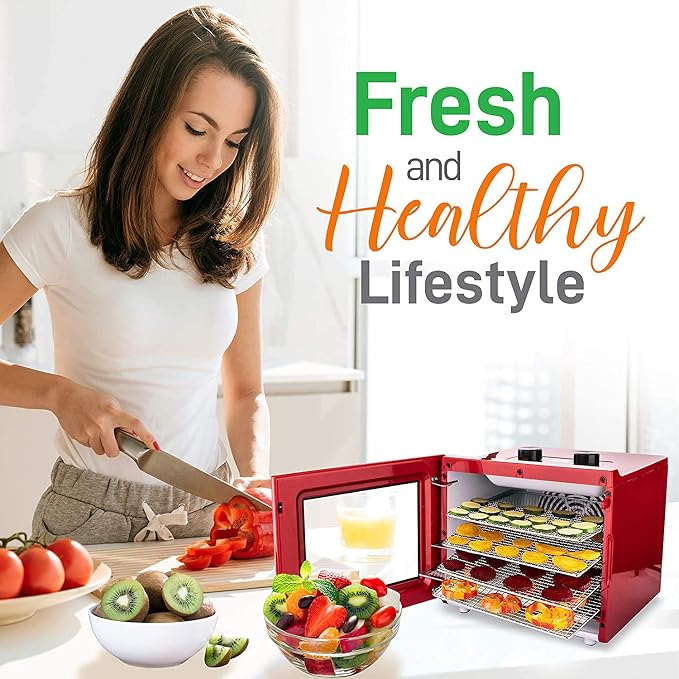 NutriChef Electric Countertop Food Dehydrator Machine - 350-Watt Premium Multi-Tier Meat Beef Jerky Maker Fruit/Vegetable Dryer w/ 4 Stainless Steel Trays, Digital Timer, Temperature Control