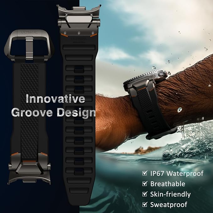 ULTIMAL Rugged TPU Sport Band ONLY for Samsung Galaxy Watch 8 Classic & Galaxy Watch 8 (40/44/46mm), Replacement Strap with Secure Connector, Waterproof Sweat-Resistant, Fit 6.2”-8.9”(Black+Grey)