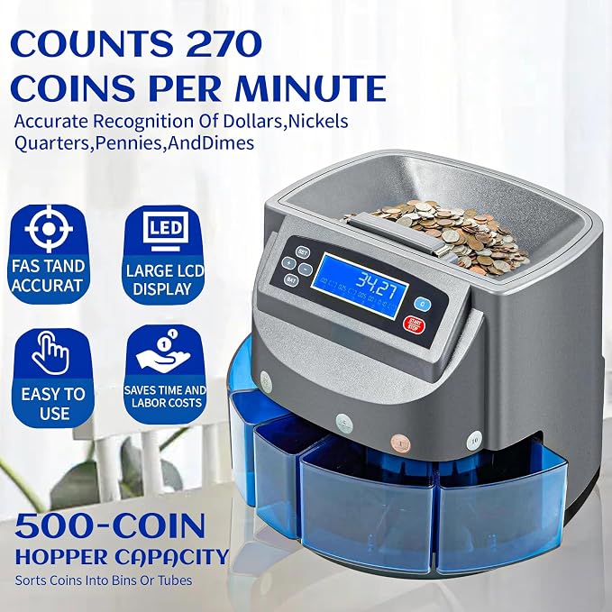 Coin Counter Machine, Coin Sorter Machine with LCD Display, 500 Coins Capacity Automatic Coin Sorter and Wrapper Machine, Sorts up to 270 Coins/min, Change Counter for USD Coin 1￠ 5￠ 10￠ 25￠ $1