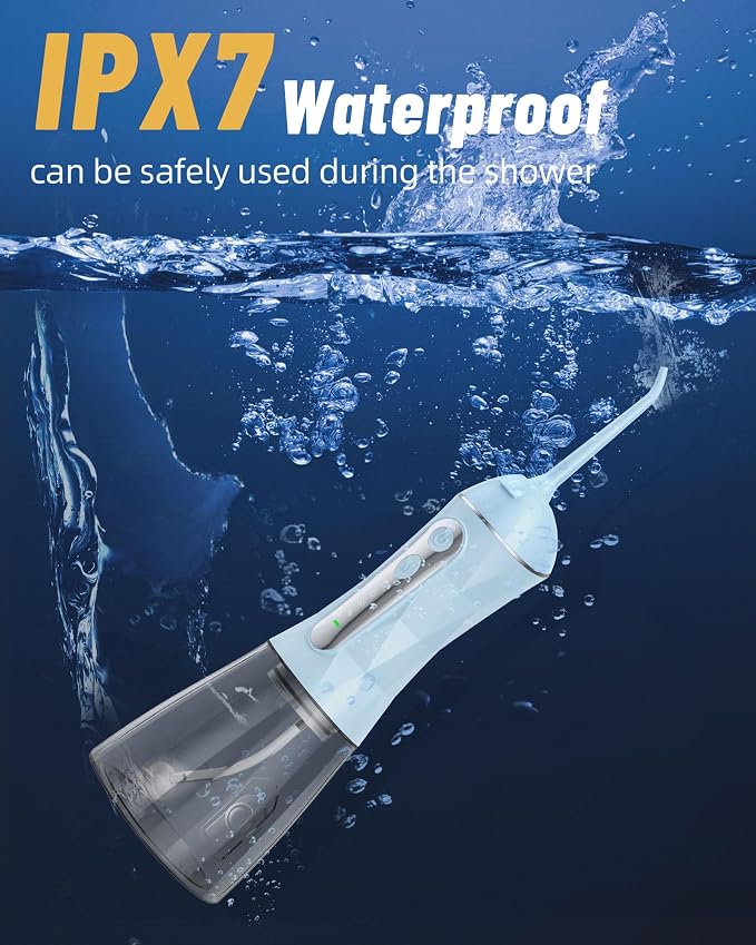 Electric Water Dental Flosser - Cordless Portable Teeth Cleaner, Rechargeable 320ML Larger Water Tank Oral Irrigator, 4 Modes with 5 Jet Tips and Travel Bag, IPX7 Waterproof (Blue)