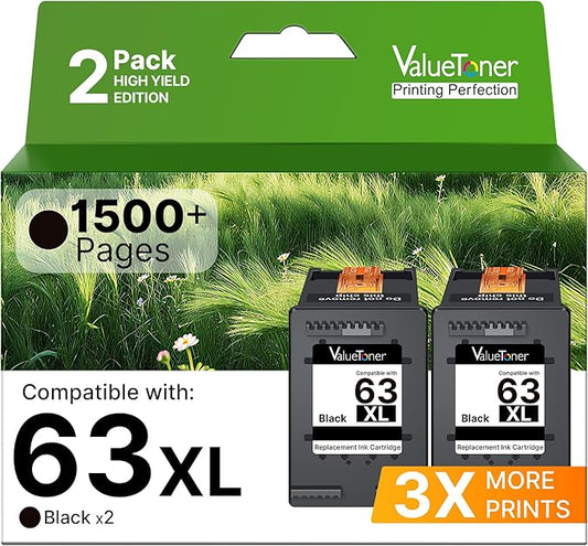 63XL Black Ink Cartridge Compatible for HP 63 Black Ink Cartridge 63 XL for HP Envy 4520 4512 Officejet 3830 4650 4655 4652 5258 5255 5252 5222 5255 Deskjet 1112 2130 2132 3630 3632 3830 (2Black)