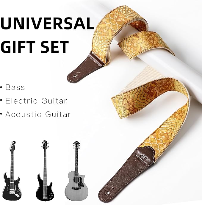 Guitar Strap, Electric& Acoustic Bass Guitar Straps,Embroidered Filament with Head Cowhide Leather Strap, with Free Strap Button,2 Guitar Strap Locks，4Guitar Pick (Gold Water Pattern)