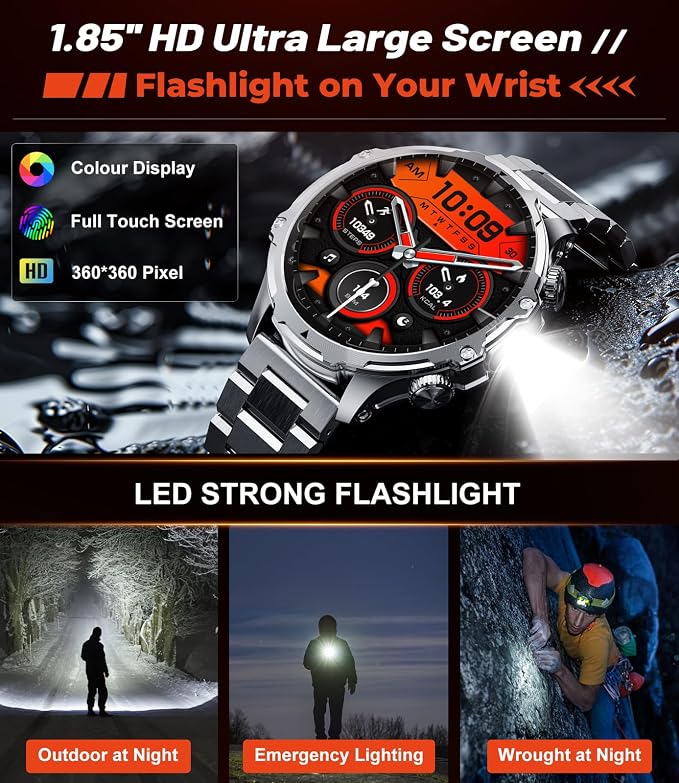 SUNKTA Smart Watch for Men,1.85" HD/800mAh Battery Smart Watches with LED Flashlight (Bluetooth Call Answer/Calls) Fitness Tracker with Heart Rate/Sleep Tracking/Blood Oxygen for Android iOS Black