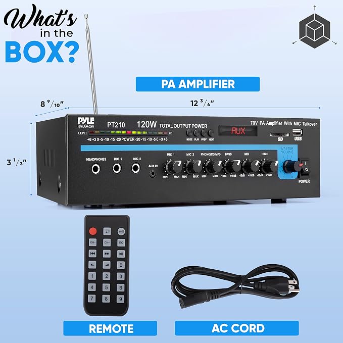 Pyle Home Compact Public Address Mono Amplifier - Professional 120 Watt Home Power Audio Sound PA Speaker Receiver System w/ RCA, Headphone, 2 Microphone Inputs, Independent Volume Control - PT210