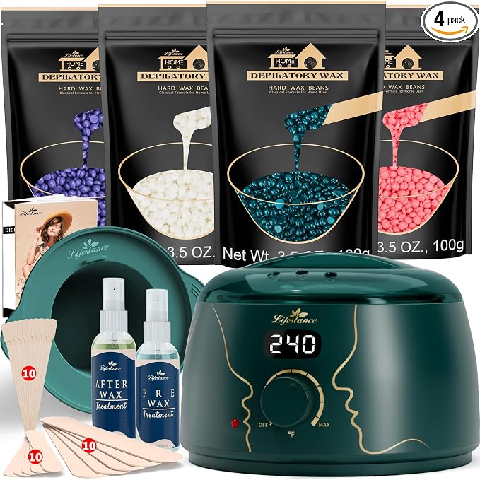 Lifestance Waxing Kit for Women & Men - L3 Emerald Alloy Digital Warmer, Silicone Wax Pot Liner, Hair Removal Kit with 14.1oz Hard Wax Beads & Oil Spray Professional for Home Brazilian Bikini Face Leg