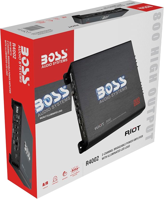 BOSS Audio Systems R4002 Riot Series Car Audio Stereo Amplifier – 800 High Output, 2 Channel, Class A/B, 2/4 Ohm, Low/High Level Inputs, High/Low Pass Crossover, Full Range, Bridgeable, Subwoofer