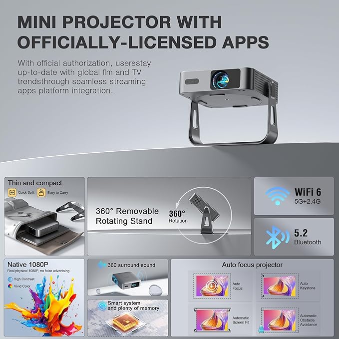 【Officially-Licensed APP & 2000ANSI】 Smart Mini Projector with WiFi and Bluetooth, VISSPL Native 1080P Auto Focus & Keystone Portable Outdoor Projector, 4K Support Home Movie Projector Metal