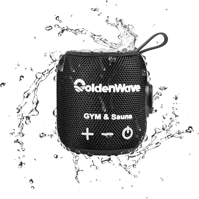 Golden Wave Waterproof Bluetooth Speaker - Portable Sauna Speaker, Heat Resistant to 149°F for Sauna, Gym, Beach, Shower & Outdoor Use (Black)