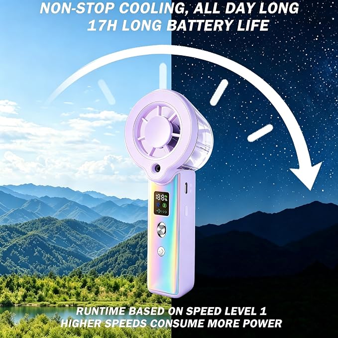 Portable Misting Fan, Handheld Rechargeable Fan with Water Mist, Personal Mini Turbo Fan with 1-100 High Speeds (20000 RPM), LED Light for Music Festival, Summer Trip Must-Haves, Holographic Purple