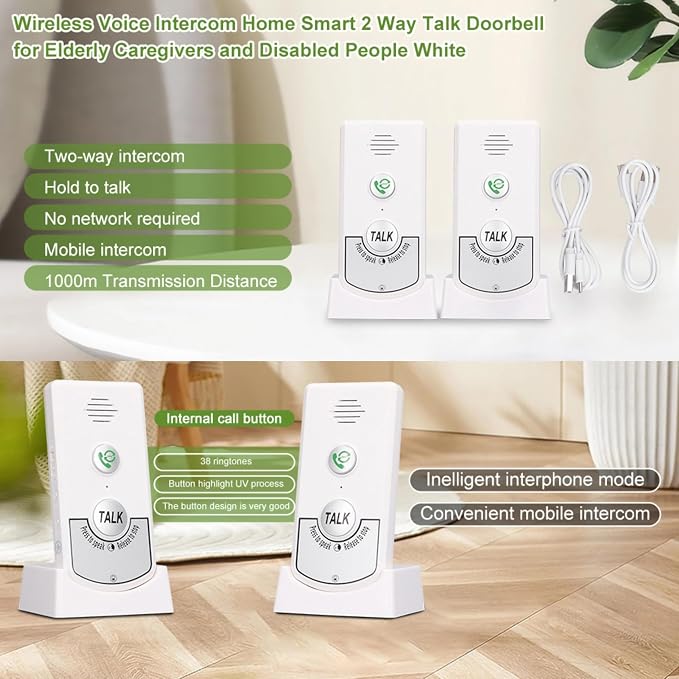 Intercoms Wireless For Home 2 Way Talk Doorbell Voice Intercom, Walkie Talkies Long Range 1000ft Caregiver Pager Intercom Intercomunicador Indoor Outdoor System for Home Hospital Office (White)