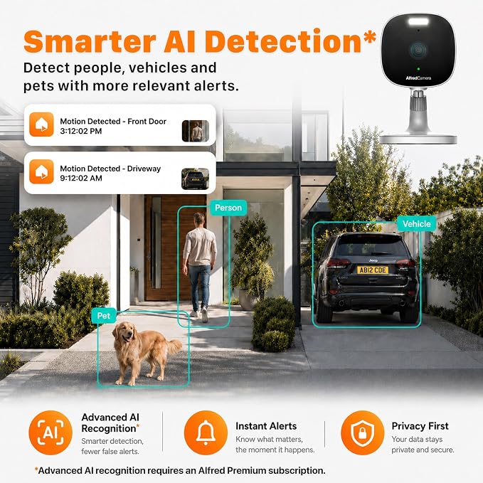 AlfredCam Plus 2 Smart Home Security Camera 2.5K, WiFi 2.4 & 5GHz, Indoor/Outdoor, IP65 Waterproof, LED Spotlight, Two-Way Audio, Color Night Vision, Baby/Pet Cam, App Powered (100M+ downloads)