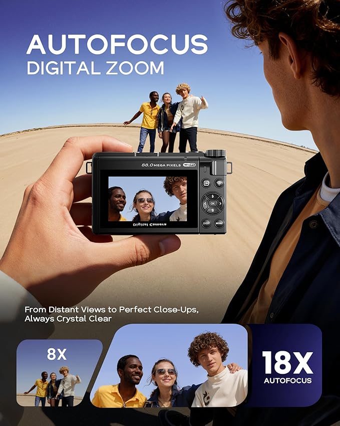 8K Digital Camera for Photography - 88MP Autofocus Vlogging Camera for YouTube with 64GB SD Card, WiFi, 18X Zoom 3" 180° Flip Screen Compact Travel Camera with 2 Batteries for Teens and Beginner
