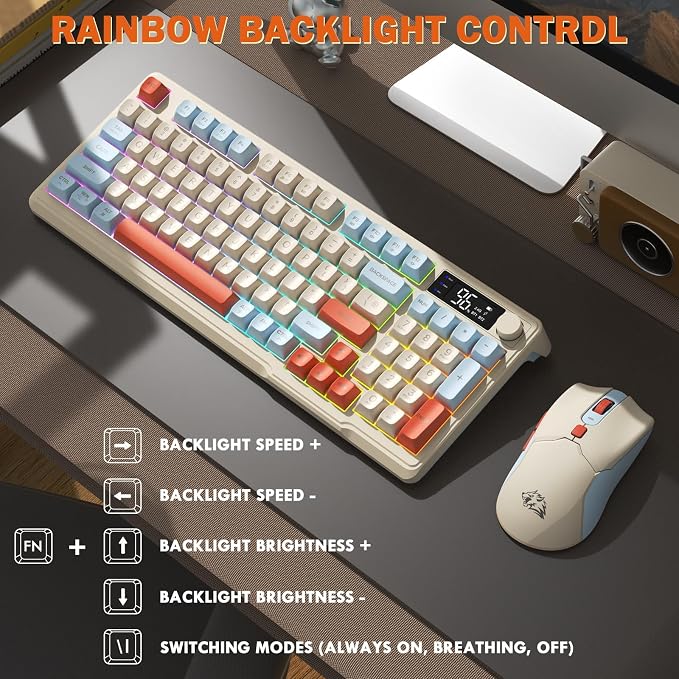ZIYOU LANG T96 Wireless Gaming Keyboard and Mouse Combo,Dual Bluetooth/2.4G RGB Backlit Mechanical Feeling Keyboard with Smart Display & Knob,4000 DPI Gaming Mouse for PC Laptop Mac Wins-Blueberry