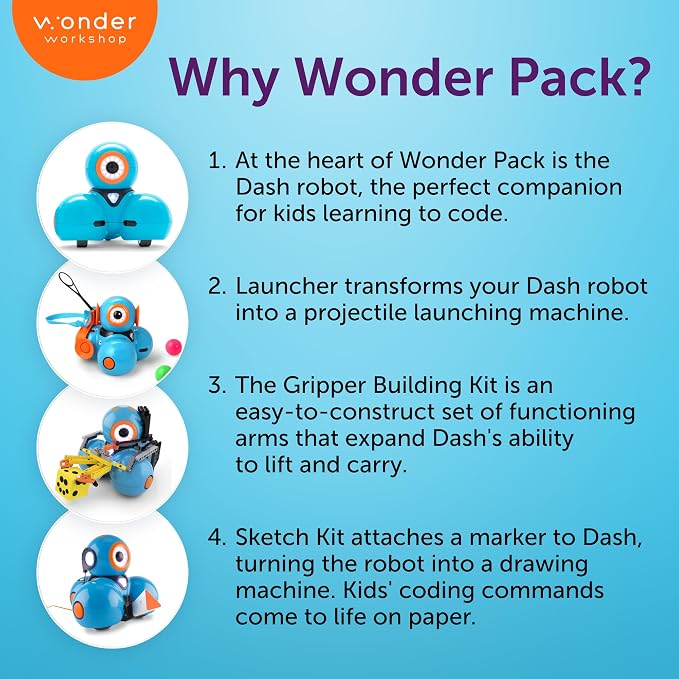 Wonder Workshop Dash Robot Wonder Pack – Coding Educational Bundle for Kids 6+ – Free STEM Apps with Instructional Videos - Launcher Toy, Sketch Kit Drawing, Gripper Building