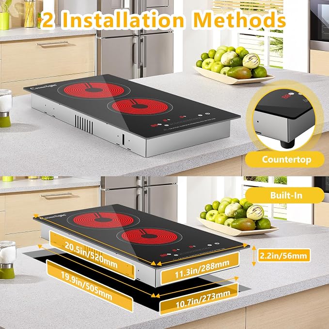 2 Burner Electric Cooktop, 110-120V Plug In Countertop Stove, Touch Control with 99-Min Timer, Child Lock & Auto Shutoff, 12 Inch Radiant Cooktop for Indoor Cooking