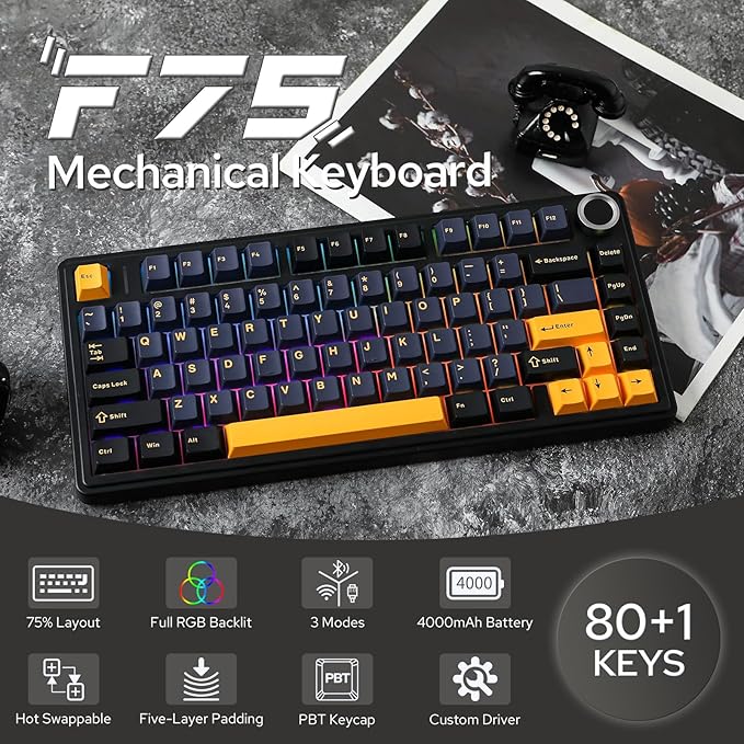 EPOMAKER x Aula F75 Gasket Mechanical Keyboard, 75% Wireless Hot Swappable Gaming Keyboard with Five-Layer Padding&Knob, BT/2.4GHz/USB-C, RGB (Black, LEOBOG Reaper Switch)