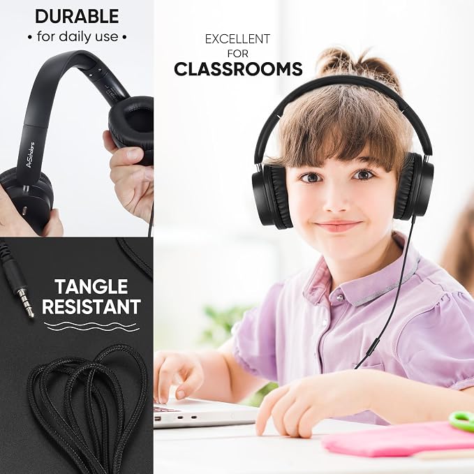 Kids Headphones Bulk 10 Pack for School, HD Mic Stereo Sound Over-Ear Headphones for Classroom, Comfortable Fit, Foldable, 3.5mm Jack Wired Headphones for Kids ipad Tablets Computer Travel
