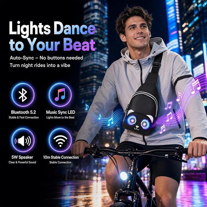 Portable Bluetooth Speaker Bag with Music-Sync LED Lights, Lightweight WaterResistant Crossbody Sling Bag for Men