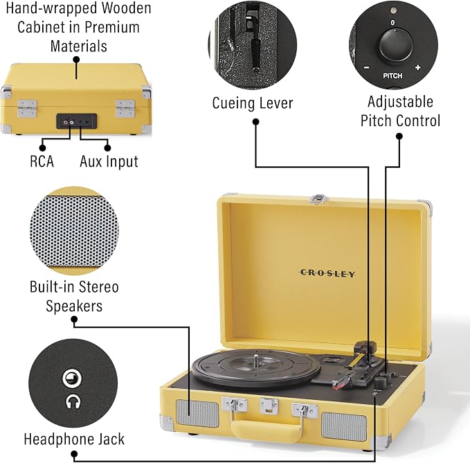 Crosley CR8005F-LY Cruiser Plus Vintage 3-Speed Bluetooth in/Out Suitcase Vinyl Record Player Turntable with Built-in Speakers, Lemon Yellow