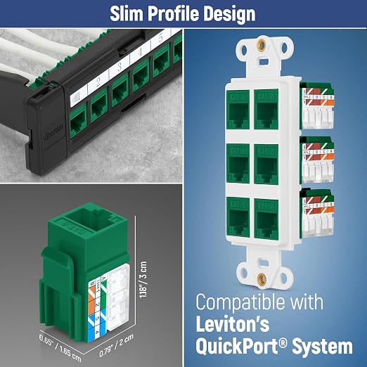 Everest 90° Angled RJ45 Cat6A Keystone Jacks 20-Pack in Green - Slim Profile Female RJ45 Connectors - Cat 6A Keystone Jack - Compatible with 90° Angled Speed Termination Tool - easyJACK (B094WB91H3)
