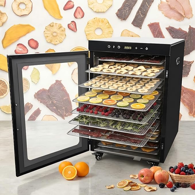 CLIVIA Commercial Food Dehydrator 16 Trays, 1600W Large Capacity 26.18 ft² Industrial Dehydrator with Wheels, Stainless Steel Dryer for Jerky, Meat, Fruit, Herbs, 86-194°F Temp Control & 24H Timer