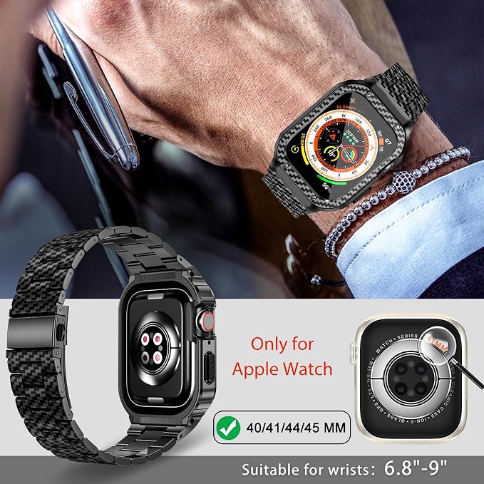 MioHHR Stainless Steel Band and Case Compatible with Apple Watch Band 41mm 40mm 38mm, Men Metal Protective Bumper Cover for iWatch Series 9/8/7/6/5/4/3/2/1/SE/SE2/SE3, Black Pattern