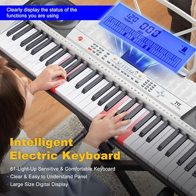 MUSTAR 61 Key Piano Keyboard, MEKS-400 Electric Piano Keyboard with Lighted Up Keys, Learning Keyboards Piano for Beginners, Piano Stand, LCD Screen, Headphones, Microphone
