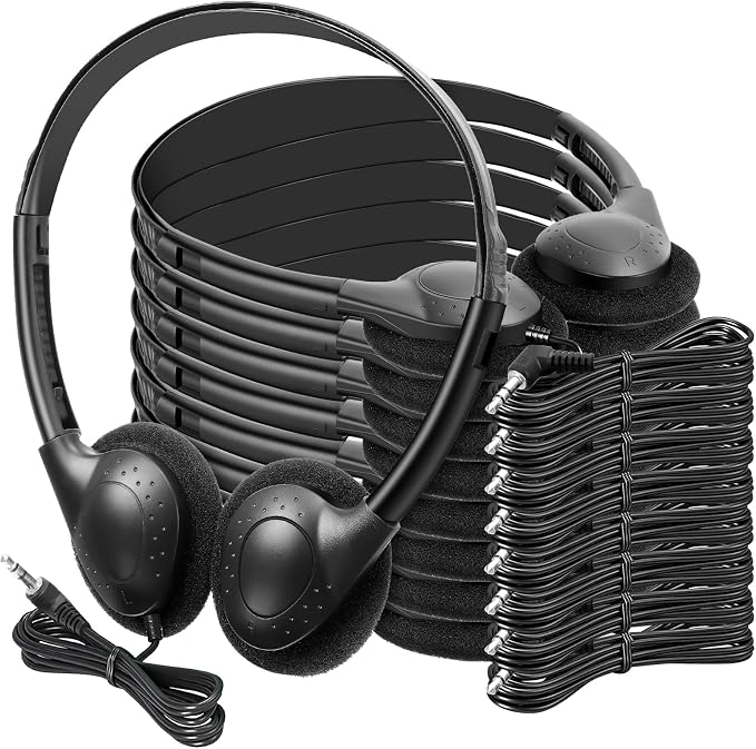 Frienda 48 Pack Classroom Headphones Bulk, Wired School Headsets for Students, Stereo Headphones with 3.5 mm Plug for Classroom, Online Learning, Library(Classic,Black)