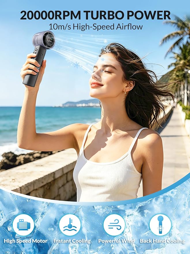 Semiconductor Ice Cooling Fans That Blow Cold Air,Portable Fan | handheld,rechargeable,hand cooling,4500mAh,6-speed,20000 RPM turbo,digital display,Ideal for camping,commuting & outdoor use