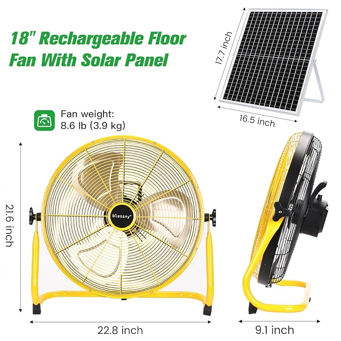 blessny 18" Large Solar Rechargeable Floor Fan with 35W Solar Panel for Home Outdoor Camping Gazebo Greenhouse Barn Poultry Pet House Cooling or Air Circulation, 23 Ft Long Cord