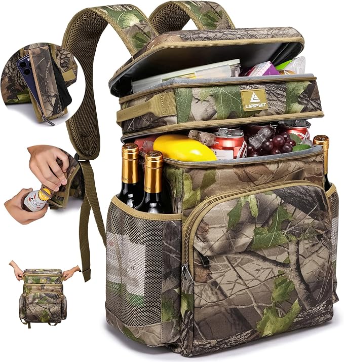 Laripwit Picnic Backpack Cooler - 54 Cans Large Soft Camo Lunch Backpack Bag Insulated Leakproof with Double Deck Compartment