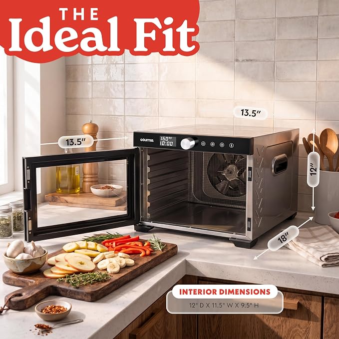 Gourmia Digital Food Dehydrator – 6 Stainless Steel Trays, 360° Airflow, One-Touch Presets, Adjustable Temp 95–165°F, Timer, Glass Door, Quiet Operation, 600W – Healthy Snacks, Jerky, Fruits & More