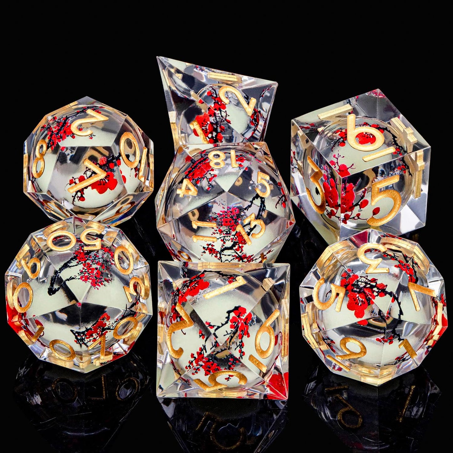 Plum Blossom DND Dice Yellow Noctilucent Liquid Core Dice Set with Metal Box, Handmade Sharp Edge Dice D and D Polyhedral Dice for use with D&D RPG Role Playing Game
