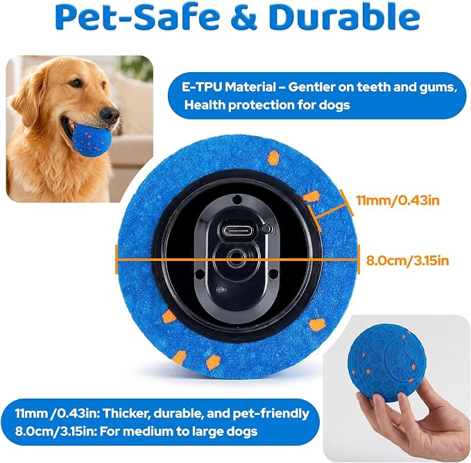 Smart Interactive Dog Ball Toy, Self Rolling Bouncy Ball for Medium and Large Dogs, Durable E-TPU Herding Ball with Auto Movement, IPX65 Waterproof & Washable Shell, Type-C Charging - Blue
