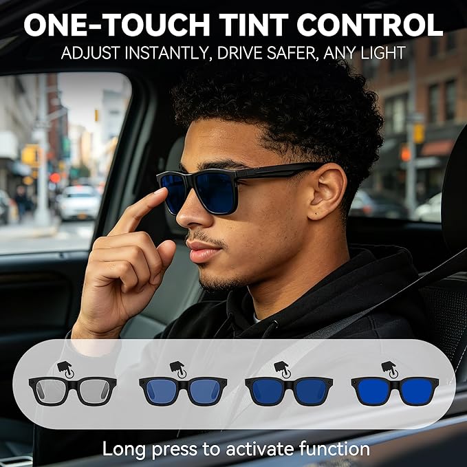 2026 Smart Audio Glasses with Electrochromic Lenses, Adjustable Tint Sunglasses for Driving,Travel,Daily Use,Open Ear Bluetooth 5.4, AI Translation, Premium Tech Gadget Gift for Men Women