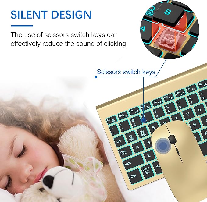 Wireless Keyboard and Mouse Ultra Slim Combo, TopMate 2.4G Silent Compact USB 2400DPI Mouse and Scissor Switch Backlit Keyboard Set, for PC/Laptop/Windows/Mac/Gaming - Gold Black