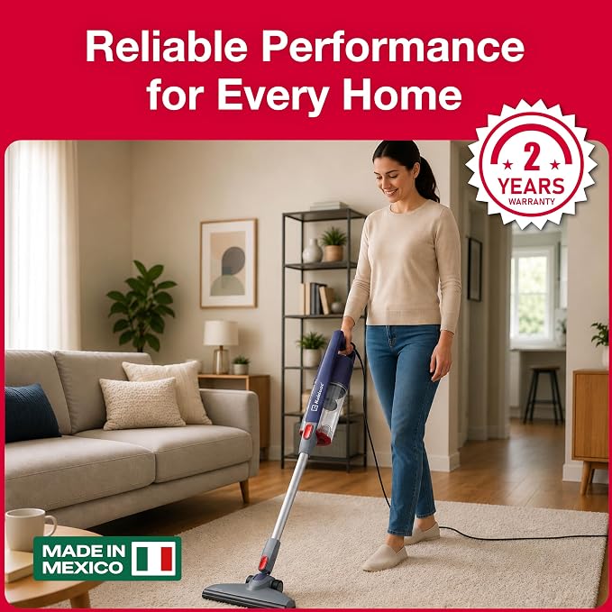 Koblenz Scorpio Stick Vacuum Cleaner, 3-in-1 Cyclonic, Bagless HEPA Filtration, 600W Motor, 59 oz Dust Cup, Corded Stick Vacuum, Lightweight 5 lbs, Pet Hair, Wall Mount, All Surfaces, Blue, SVK-165