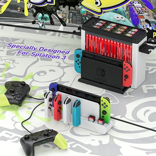 Switch Game Storage with Controller Charger for Nintendo Switch & OLED Model (Designed for Splatoon 3), Switch Charging Dock Charges 6 Joycons, Gaming Accessories Holder Switch Gift Card Organizer