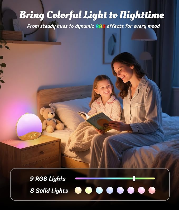 ecozy Wood Grain Sunrise Alarm Clock, White Noise Sound Machine, Music-Sync Lights, Upgraded Backlit Buttons for Bedrooms, 26 Soothing Sounds, 17 Night Lights, Wake Up Light for Heavy Sleepers