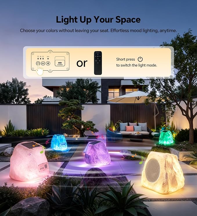 Upgraded Outdoor Rock Speaker 30W Deep Bass Multi-Sync up to 100Pcs, Remote Control, IPX7 Waterproof Solar-Powered with LED Lights Perfect for Pool, Garden, Patio, Ideal for Music Lovers - 1 Pack
