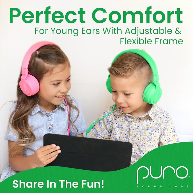 Puro Sound Labs Kids Wired Headphones – Volume-Limiting & Adjustable, Safer & Comfortable Headphones for Kids – Compatible with PCs, Smartphones & Tablets, Ideal for School & Travel – PuroBasic, Green