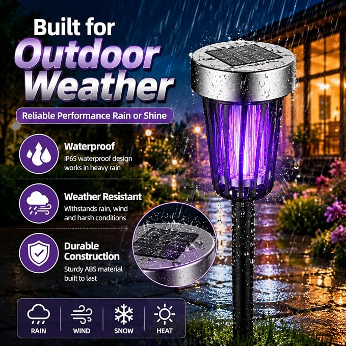 2026 New Solar Bug Zapper Outdoor Waterproof,Mosquito Zapper Rpellent Outdoor Patio,Purple & White Light,Auto-On at Dusk,Effective Fly Insect Gnat Zapper Trap for Yard,Garden,Backyard,Pathway